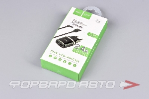 Устройство зарядное 2USB + кабель iPhone 1м HOCO C12