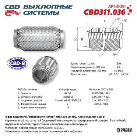 Купить Гофра глушителя 60*200, InterLock (трехслойная ) CBD CBD311.036