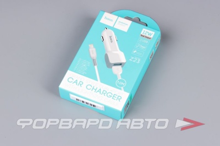 Купить Устройство зарядное в прикуриватель 2 USB, 2,4 A +кабель iPhone 1м, цвет белый HOCO Z23