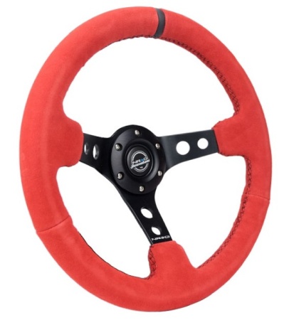 Купить Руль 350 мм, большой вылет, замша красная, черная нить, черная метка NRG RST-006S-RR-B