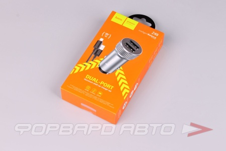 Купить Устройство зарядное в прикуриватель 2,4А 2USB+кабель Apple 1м, цвет серый HOCO Z49