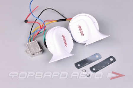 Купить Сигнал звуковой 12V "улитка'' 105Дб  сталь/пластик, 2-контактный + реле, белый 2 шт SKYWAY S07601017