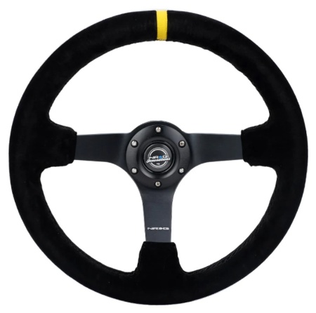Купить Руль 350 мм, большой вылет, замша, черная нить, желтая метка (усиленный) NRG RST-036MB-S-Y