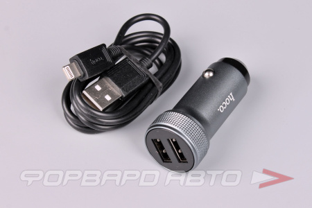 Купить Устройство зарядное в прикуриватель 2,4А 2USB+кабель Apple 1м, цвет серый HOCO Z49