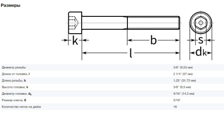 Винт цилиндр. с внутренним шестигранником 3/8-16*2 1/4"(57мм) UNC (DIN912) 12.9  