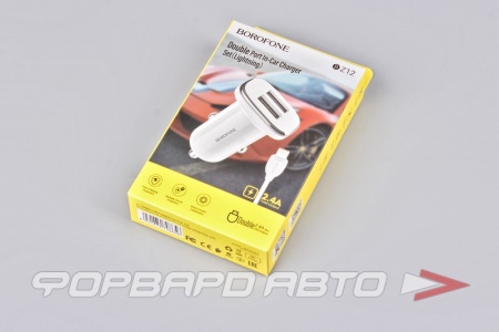 Купить Устройство зарядное 2.4А 2USB+ кабель iPhone, цвет белый BOROFONE BZ12