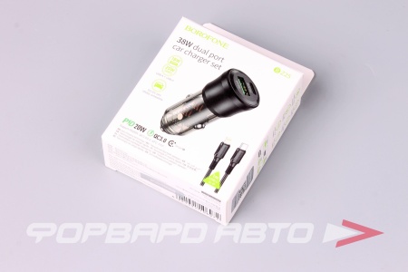Купить Устройство зарядное в прикуриватель,38W (PD20W+QC3.0)+кабель Type-C/Lightning, цвет черный BOROFONE BZ25