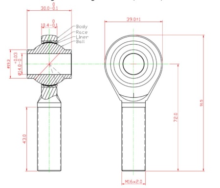 Купить Наконечник ШС рычага М16*2мм - 14mm ID Bearing Rod End L-94mm Parts Shop MAX A-01NOX016-0R